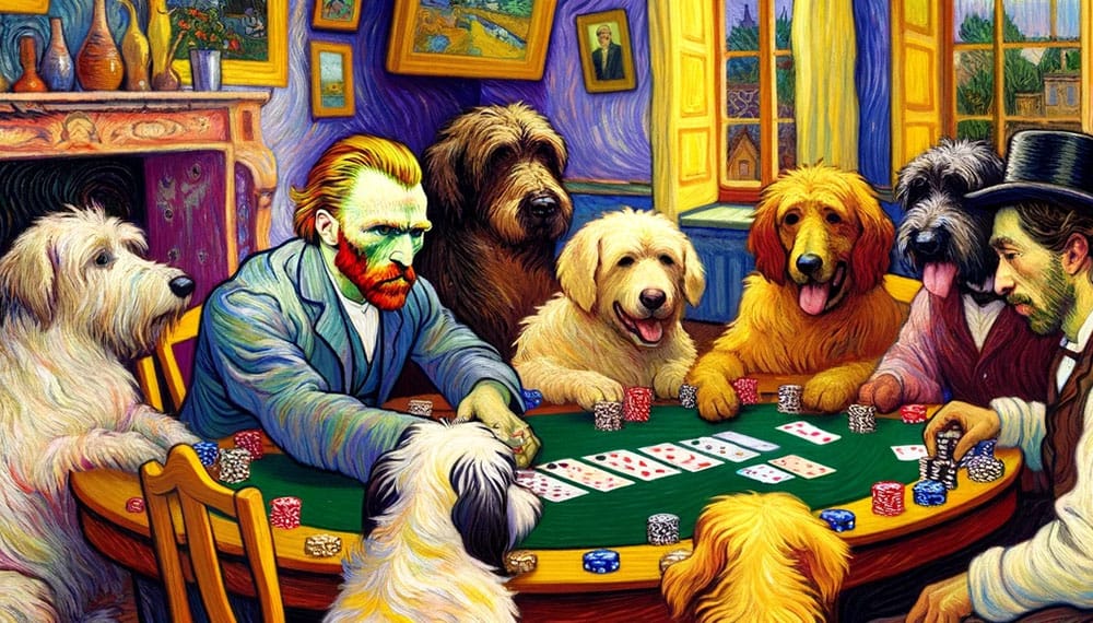 Dogs playing poker in the style of Van Gogh